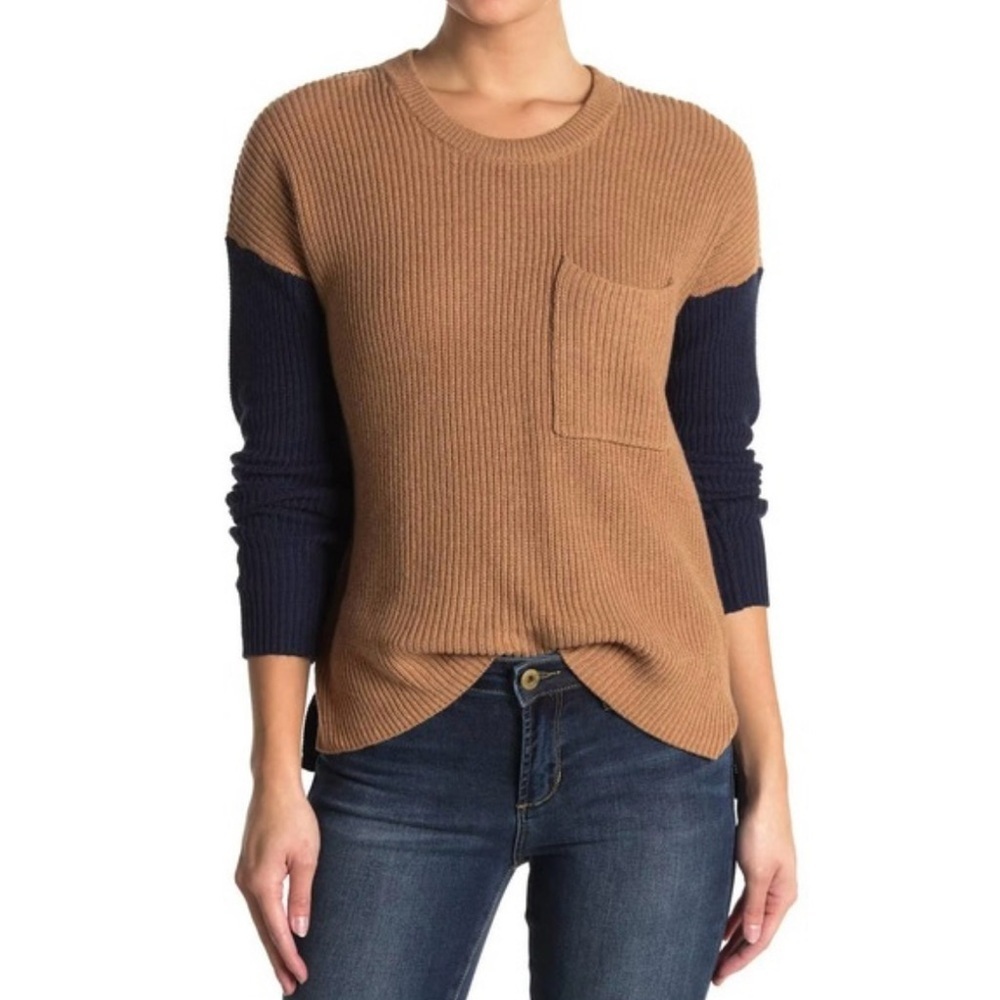 Madewell Thompson Pocket  Ribbed Sweater Colorblock Brown & Blue Sz XL